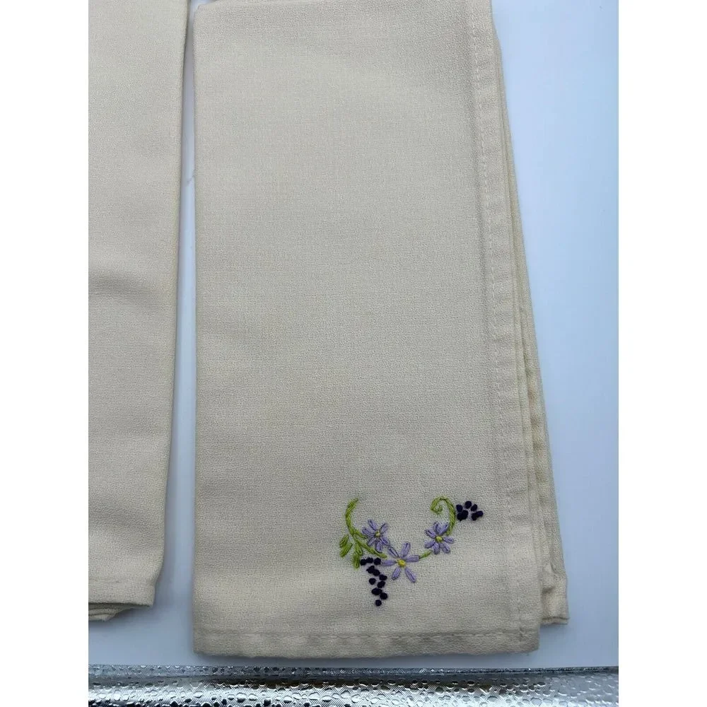 6 Hand‎ Embroidery Table Napkins  Flowers Purple With Green Leaves